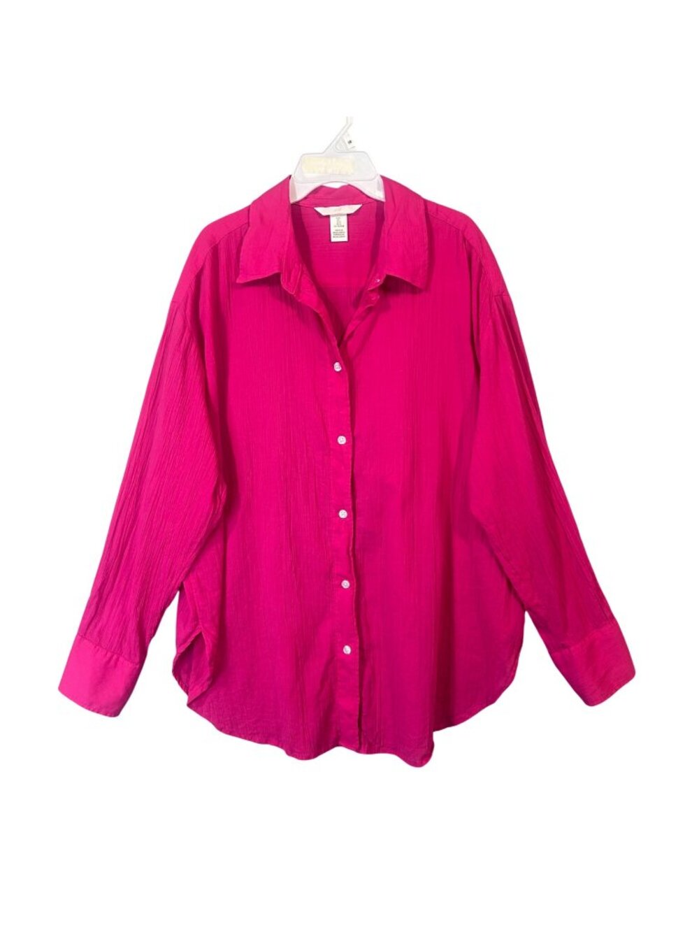 H&M Womens Hot Pink Button-Up Crinkle Shirt L 100% Cotton Long Sleeve EUC